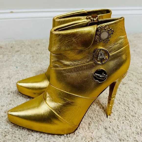 Gorgeous Anna Dello Russo Gold Genuine Leather Ankle Boots Size 40NWOT